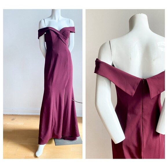 Bill Levkoff Burgundy Off the Shoulder Bodycon Fishtail Hem Gown  4 - Picture 1 of 9